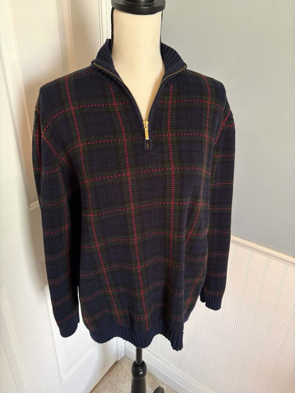 Lauren Ralph Lauren Plaid Quarter-Zip Cotton Knit Sweater